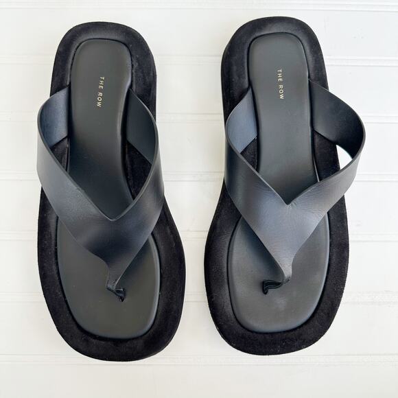 The Row Ginza Sandal in Suede Black Leather Flip Flops Platform Flat Thong 38.5 - Picture 1 of 11